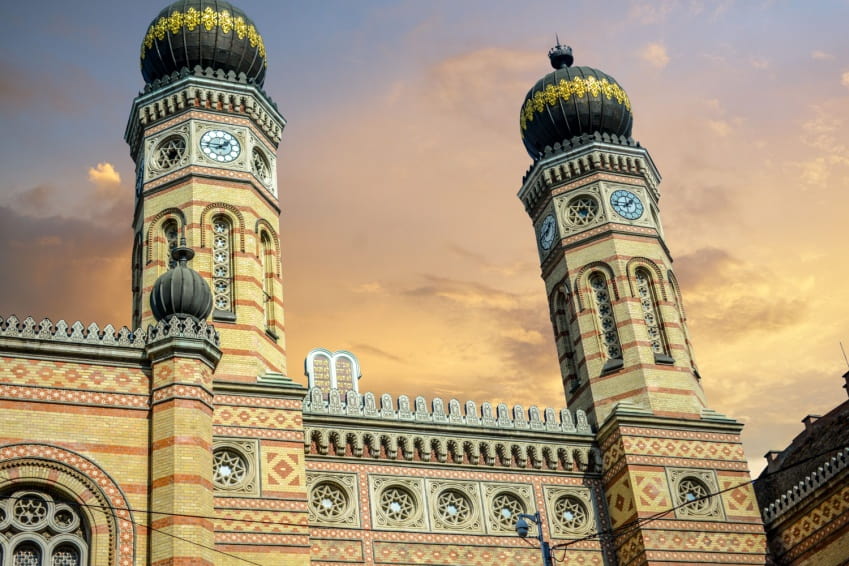 The Moorish style, twin onion domes of the Dohaney Street Synagogue and jewish museum in Budapest Hungary