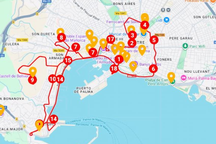 Map of the City Sightseeing bus route in Palma de Mallorca.
