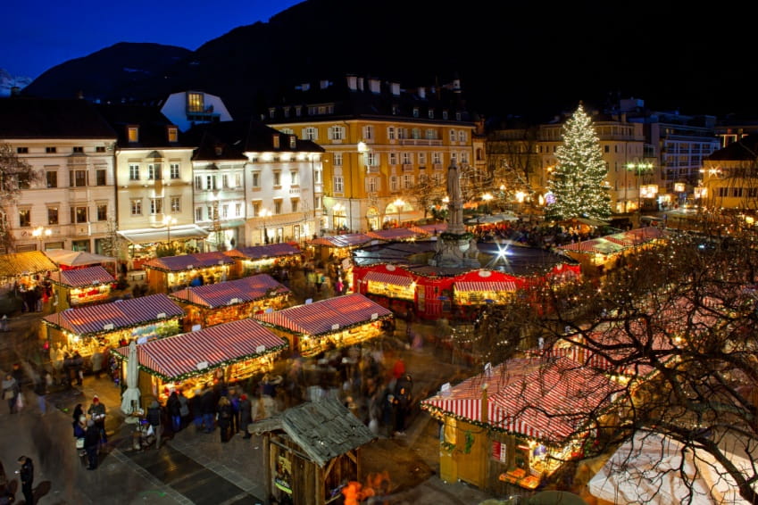 Christmas market in Bolzano with lights and decorations