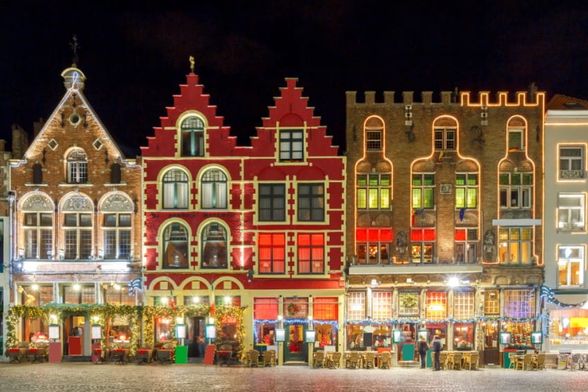 Christmas decoration and lighting Old Market Square in the historic centre of Bruges, Belgium.