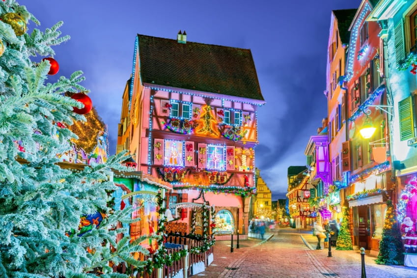 Colmar, Alsace. Marche de Noel is famous Alsatian Christmas Market with gingerbread houses and local craftsmen.