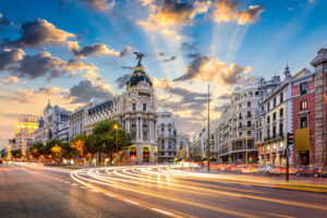 The sun shining on Madrid, Spain's capital.