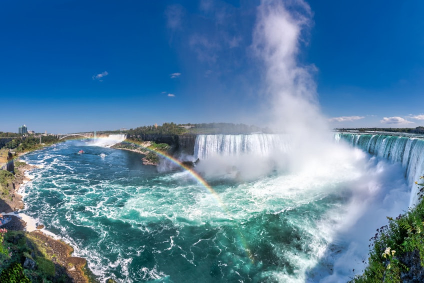 A stunning view of Niagara Falls, with a large waterfall cascading down on a sunny day.