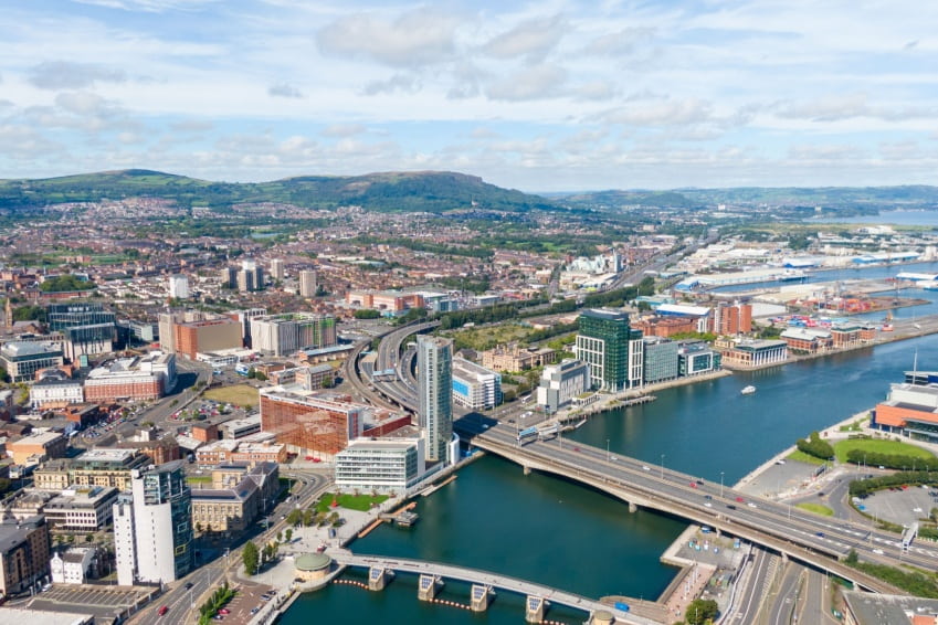 Aerial view of Belfast city center and Lagan River, near Game of Thrones locations in Northern Ireland.
