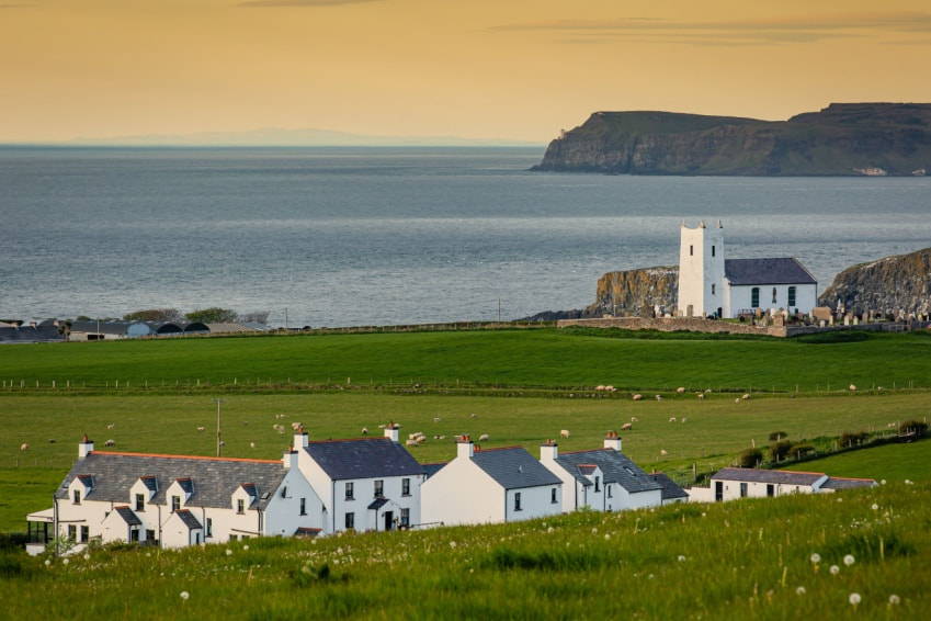 A view of a scenic church near Ballintoy, Ballycastle, Northern Ireland.