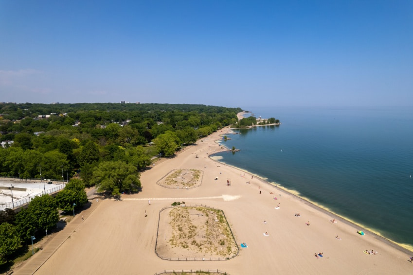 Expansive sandy stretch at Woodbine Beach, one of the most popular Toronto beaches.